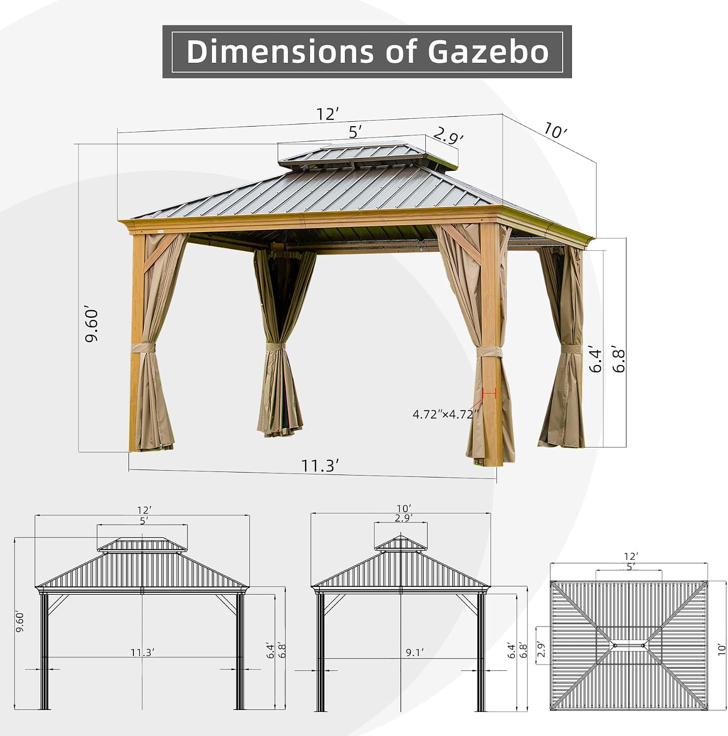 Domi Outdoor Living 10'x12' Hardtop Gazebo, Wooden Coated Aluminum Frame Canopy with Galvanized Steel Double Roof, Outdoor Permanent Metal Pavilion with Curtains and Netting for Patio, Deck and Lawn