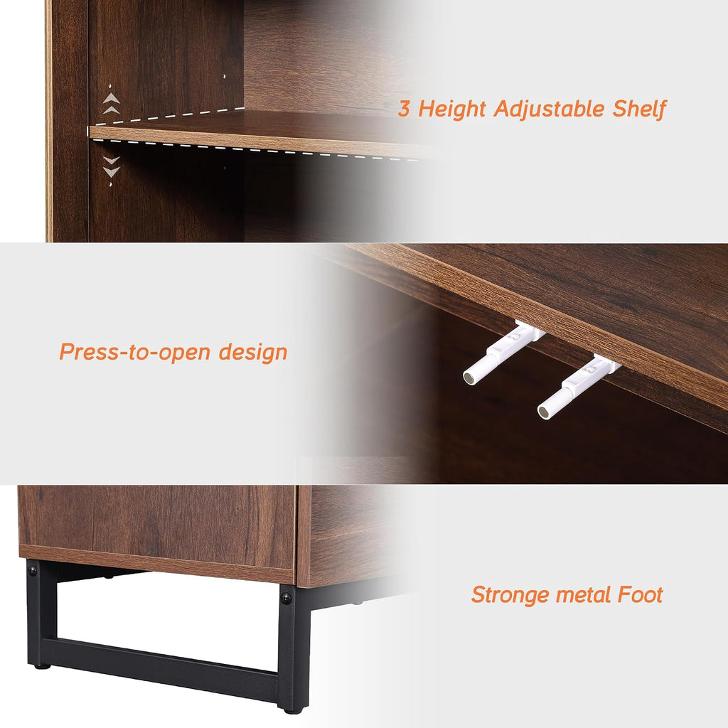 WAMPAT Modern TV Stand with Glass Doors for 26-40 inch TVs, Entertainment Center Console with Adjustable Shelves and Metal Base for Living Room, Bedroom, Brown