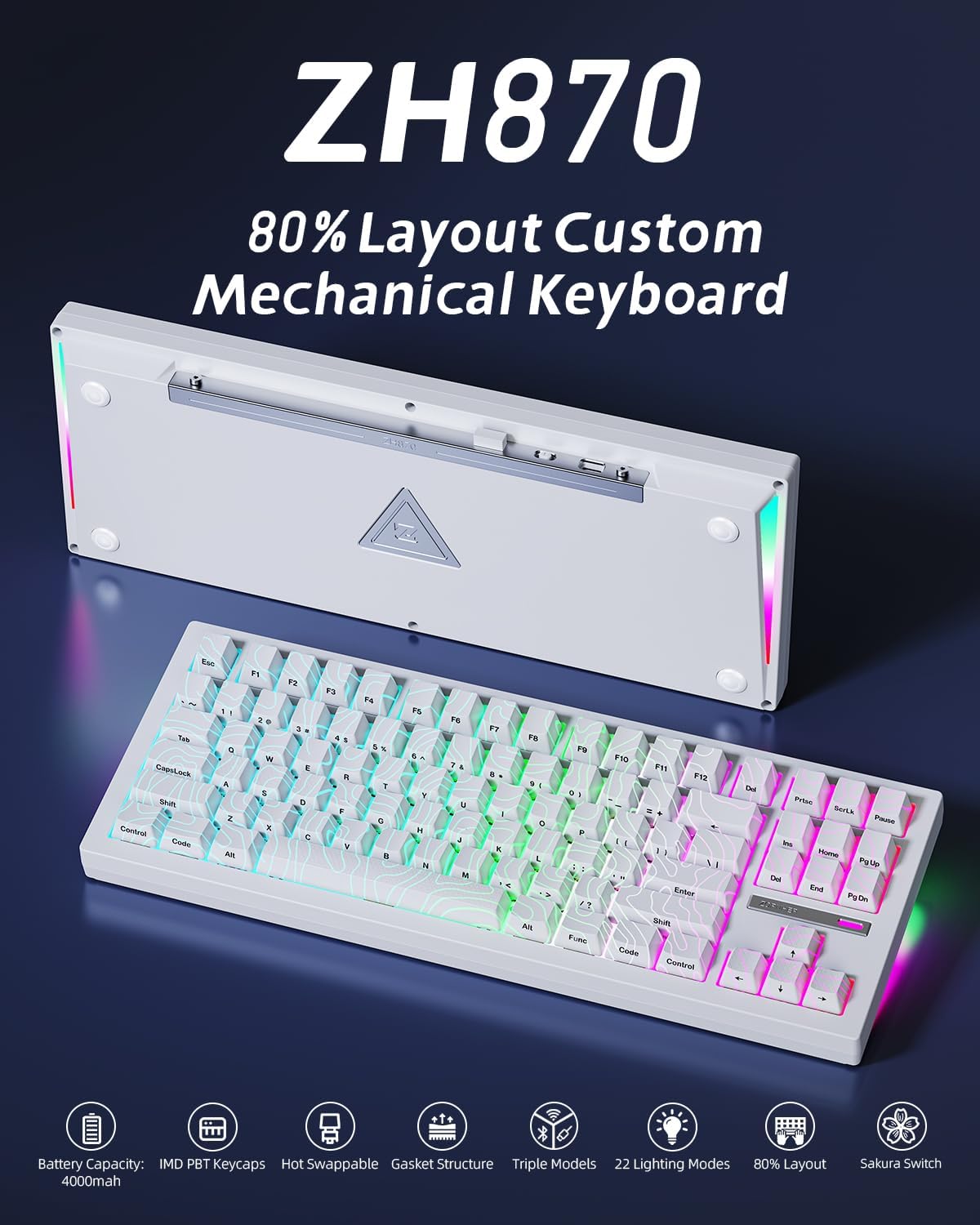 ZORNHER ZH870 Wireless Gaming Mechanical Keyboard,80% White Custom Creamy Sound Keyboard with Lighted Up White Topographic Keycaps,Creamy Sounding Linear Switches,Hot-Swappable,RGB Backlit