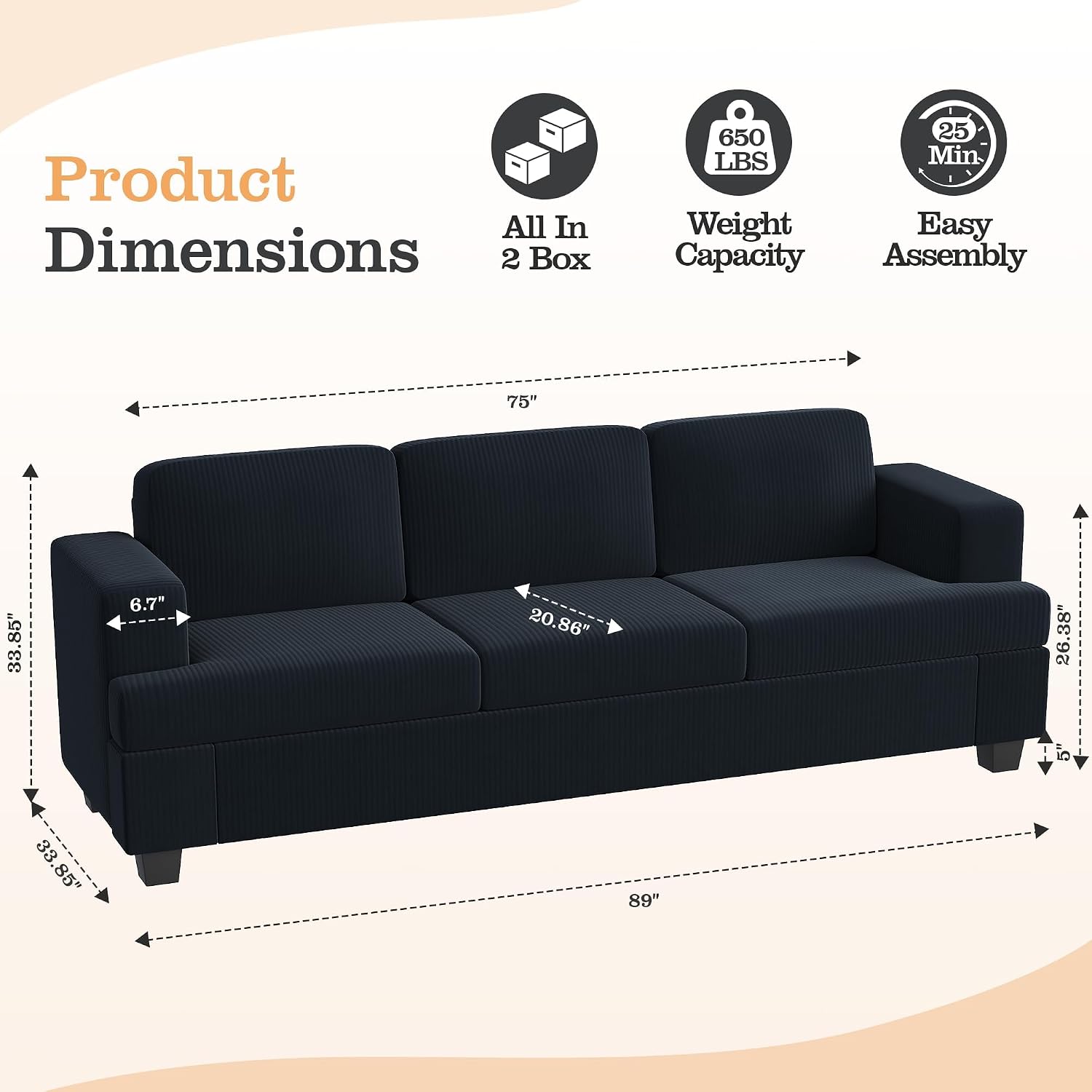 Apicizon Modern Loveseat Set of 2 & 3-Seater Sofa, Corduroy Couch 3 Piece Sofa Set for Living Room, Modern Lounge Sofa Couches for Apartment Lounge, Black