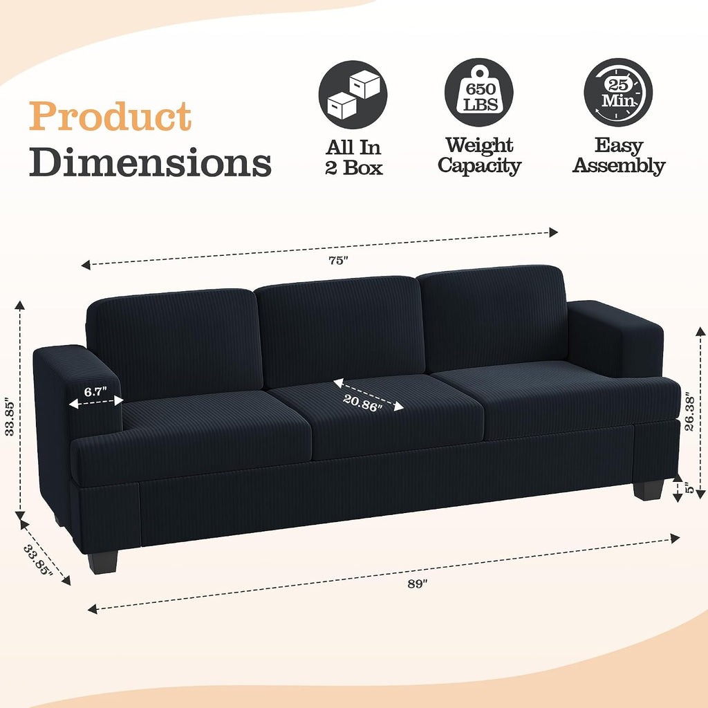 Apicizon Modern Loveseat & 3-Seater Sofa Set of 3, Corduroy Couch 3 Piece Sofa Set for Living Room, Modern Lounge Sofa Couches for Apartment Lounge, Black Corduroy