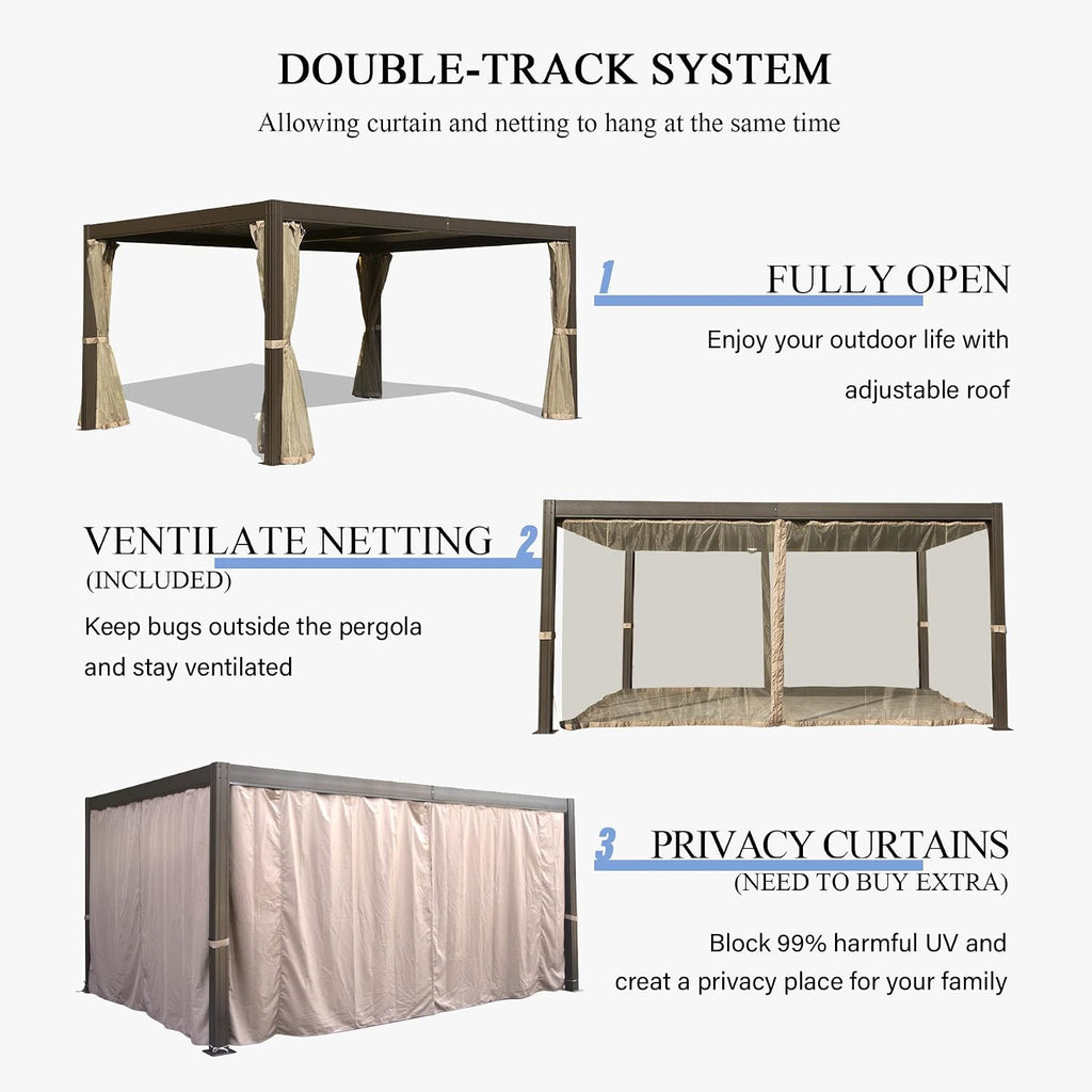 Domi Outdoor Living 10' x 13' Louvered Pergola with Adjustable Rainproof Roof, Outdoor Aluminum Frame Hardtop Gazebo for Backyard, Garden and Lawn w/Netting (Dark Brown)