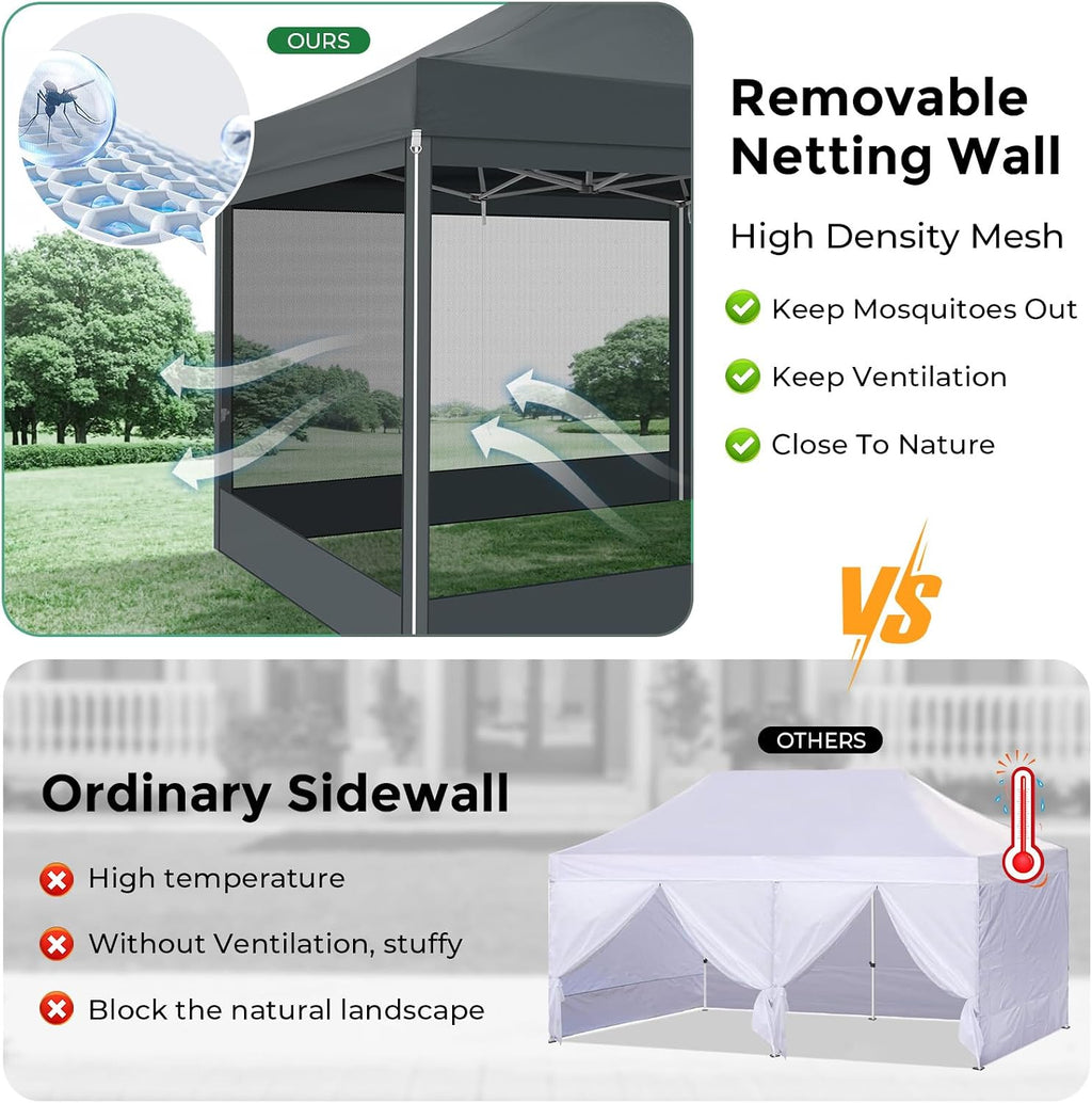 COBIZI 10x30 Heavy Duty Pop Up Canopy Tent with 8 Sidewalls, Easy Set Up Outdoor Waterproof Screen Commercial Party Tent with Mosquito Netting for Parties Backyard Patio, Roller Bag, Gray