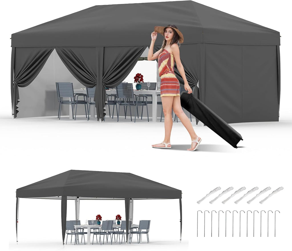 10x20 Pop Up Canopy Tent with 6 Sidewall - One-Button Instant Setup, Heavy-Duty 210D Oxford Fabric & Rust-Proof Frame - 3 Adjustable Heights, Roller Bag, 6 Sandbags - UV Protection for Beach, Party