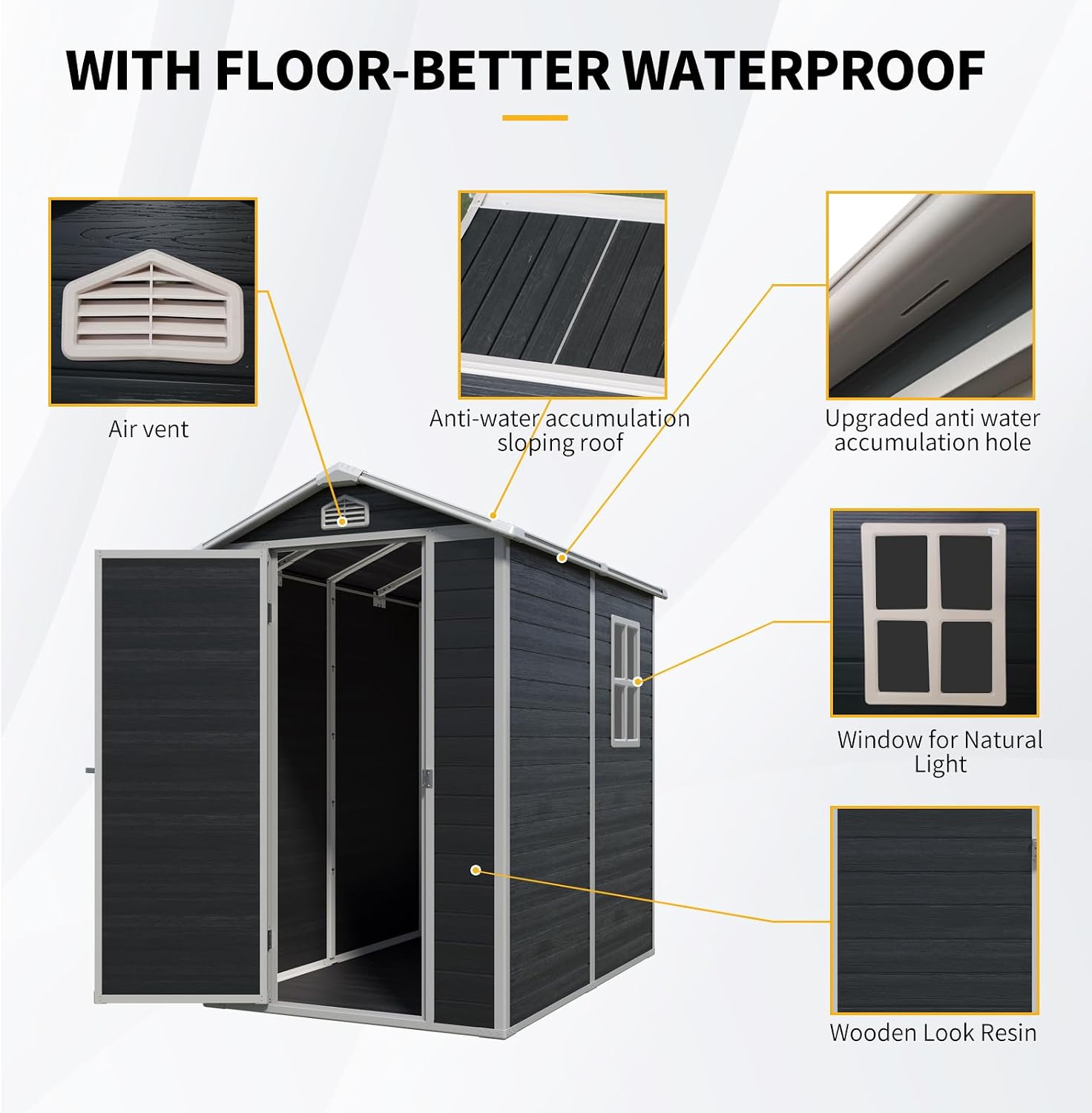 4x6 ft Outdoor Resin Storage Shed with Floor, Waterproof Plastic Garden Shed with Lockable Door and Windows, All-Weather Tool Sheds for Backyard, Patio, Lawn (Black)