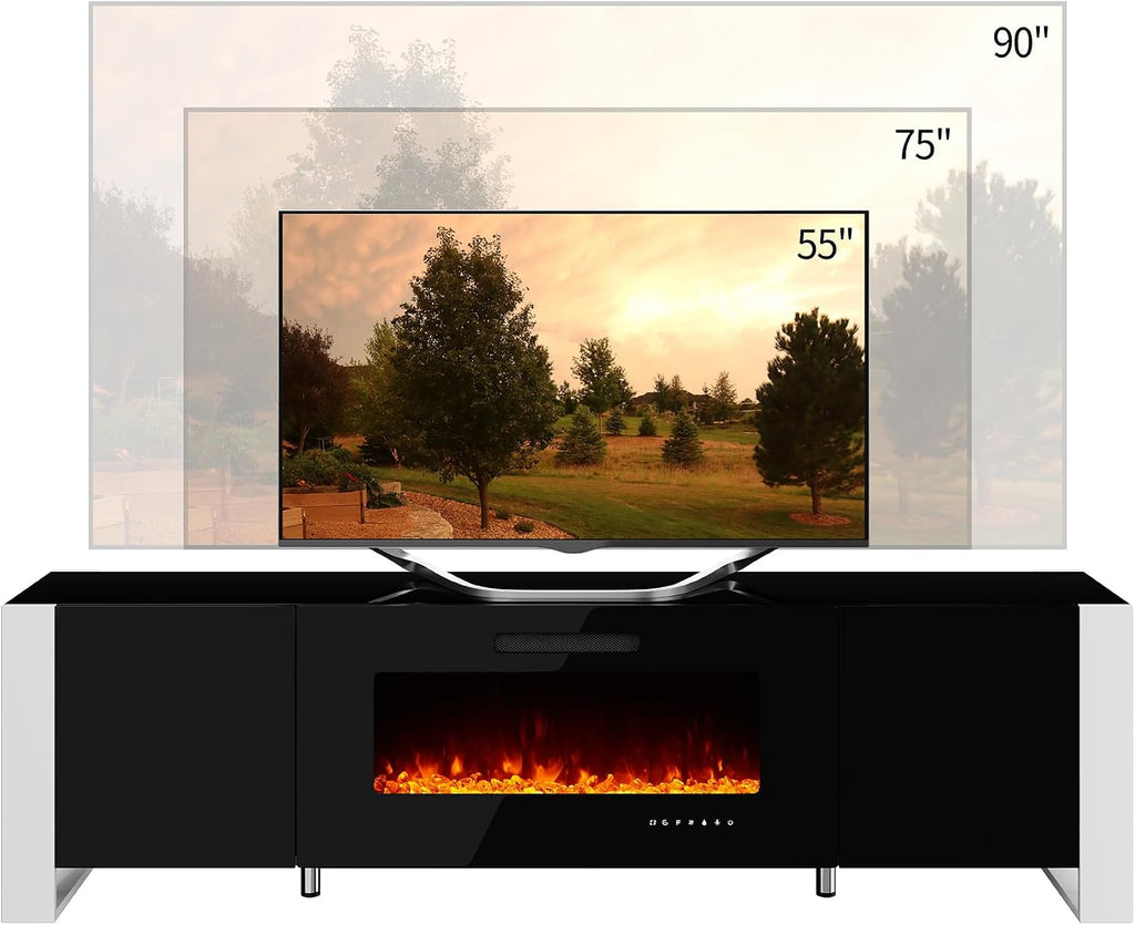 VanAcc 80' Fireplace TV Stand with 40' Electric Fireplace, High Gloss Entertainment Center with LED Lights, Modern Entertainment Stand for TVs up to 90', Black