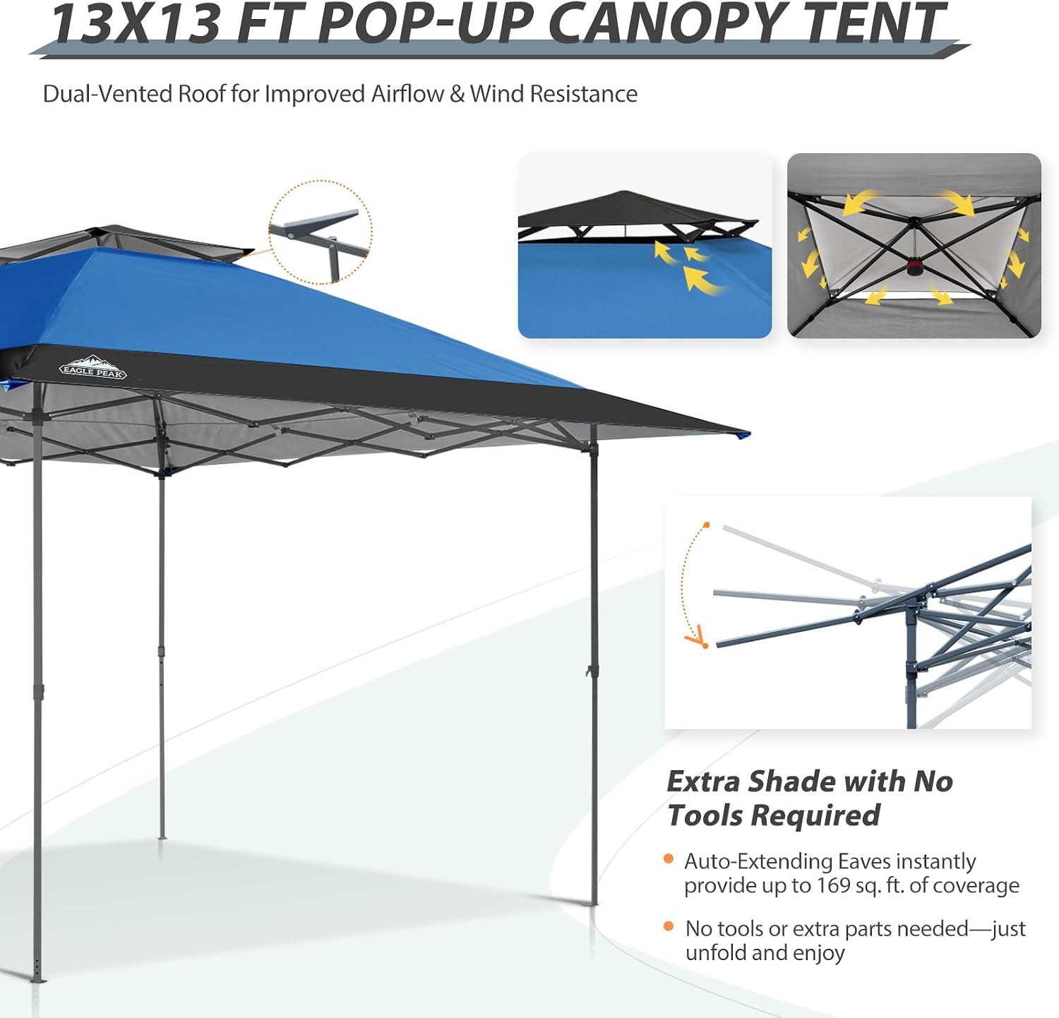 EAGLE PEAK 13x13 Straight Leg Pop Up Canopy Tent Instant Outdoor Canopy Easy Single Person Set up Folding Shelter w/Auto Extending Eaves 169 Square Feet of Shade (Blue/Black)