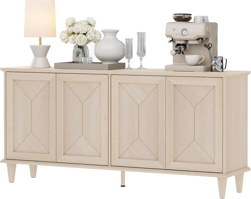 WAMPAT 65' Modern Farmhouse TV Stand with Handcrafted Patchwork Doors for 55-75' TVs, Entertainment Center Console with Cable Management, Adjustable Shelves Storage for Living Room, Light Oak