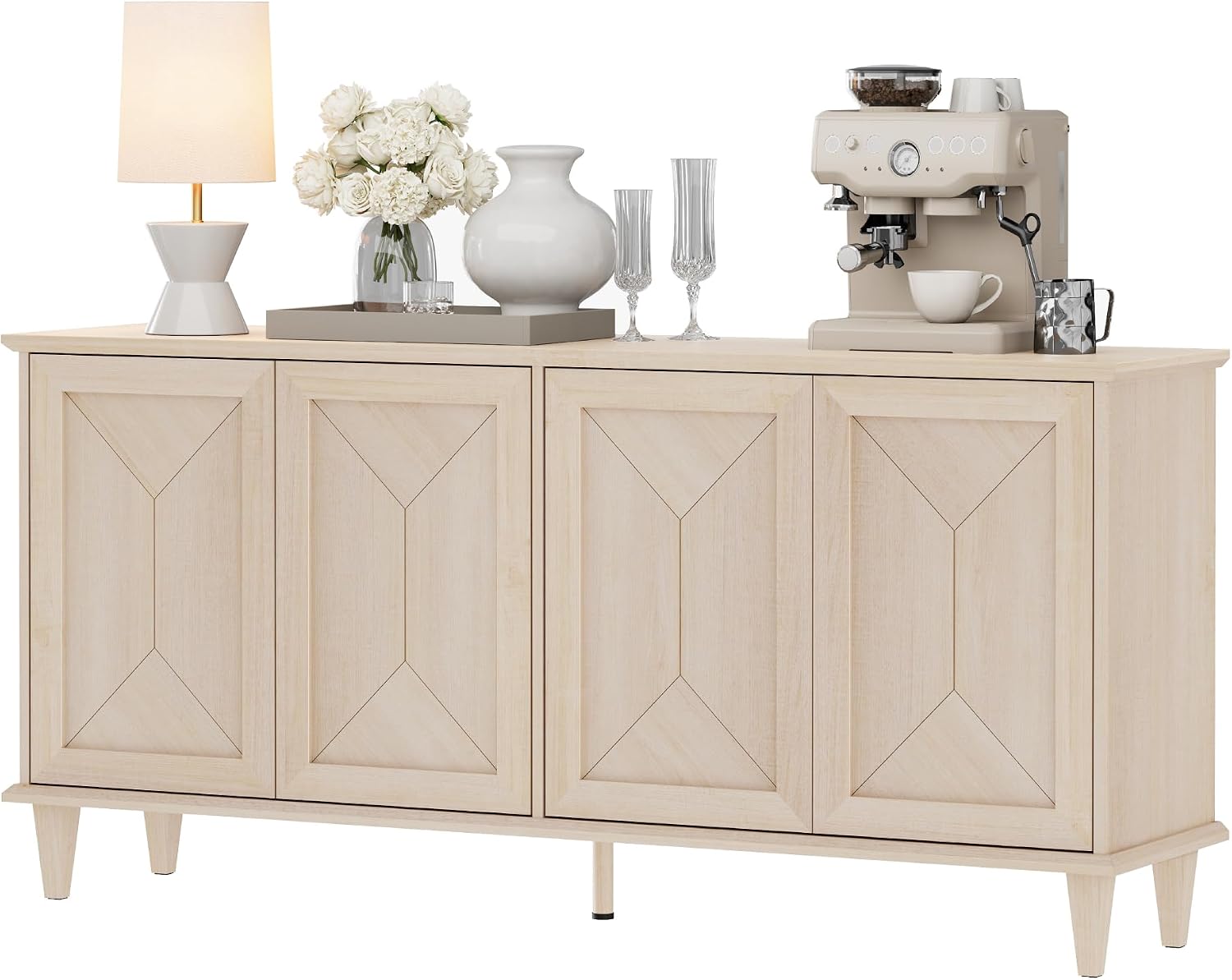WAMPAT 65' Modern Farmhouse TV Stand with Handcrafted Patchwork Doors for 55-75' TVs, Entertainment Center Console with Cable Management, Adjustable Shelves Storage for Living Room, Light Oak
