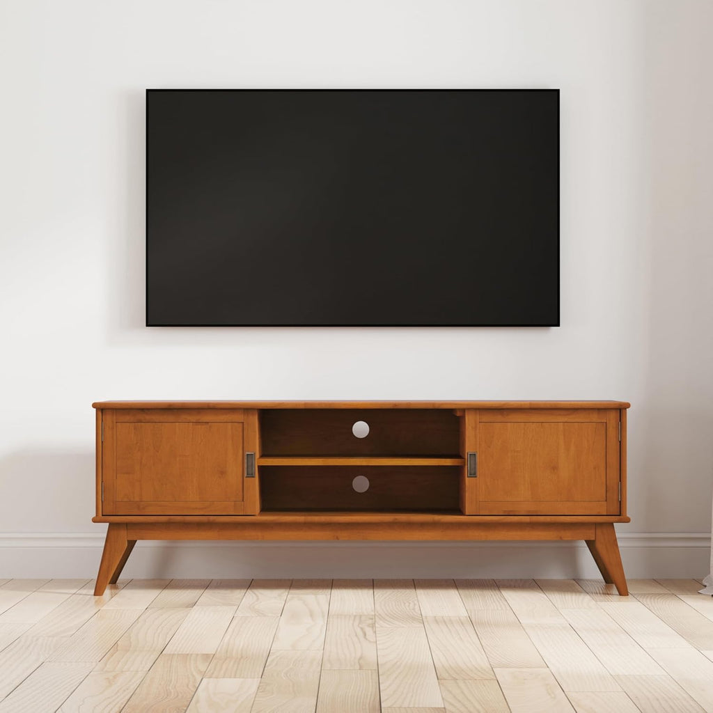SIMPLIHOME Draper TV Stand - 72 inch Wide Solid Wood Media Console in Teak Brown, Mid Century Modern Entertainment Center for Living Room for TVs up to 80 Inches with Cabinets and Cable Management