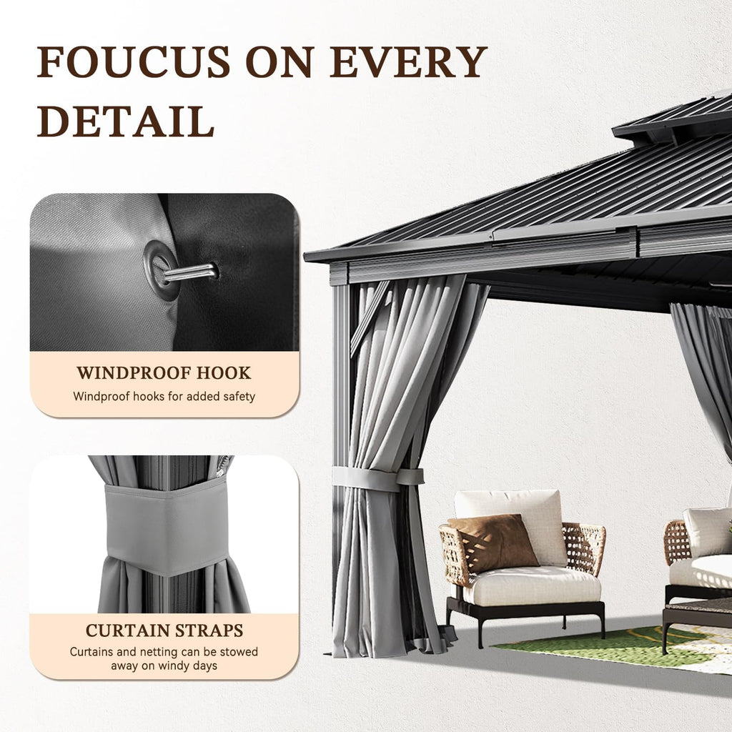 12' X 16' Hardtop Gazebo with Mosquito Netting and Curtains, Outdoor Gazebos with Double Roof, Galvanized Steel Permanent Aluminum Gazebo, for Gardens, Decks, Patios, Parties