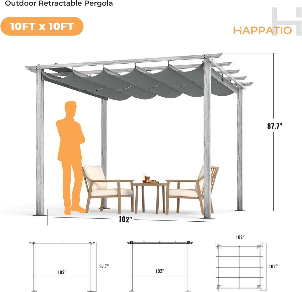 HAPPATIO 10' X 10' Wood-Grain Retractable Pergola with Sun Shade Canopy, Patio Aluminum Frame Shelter for Backyards, Gardens, Porch, Includes Ground Studs and Expansion Screws (Grey)