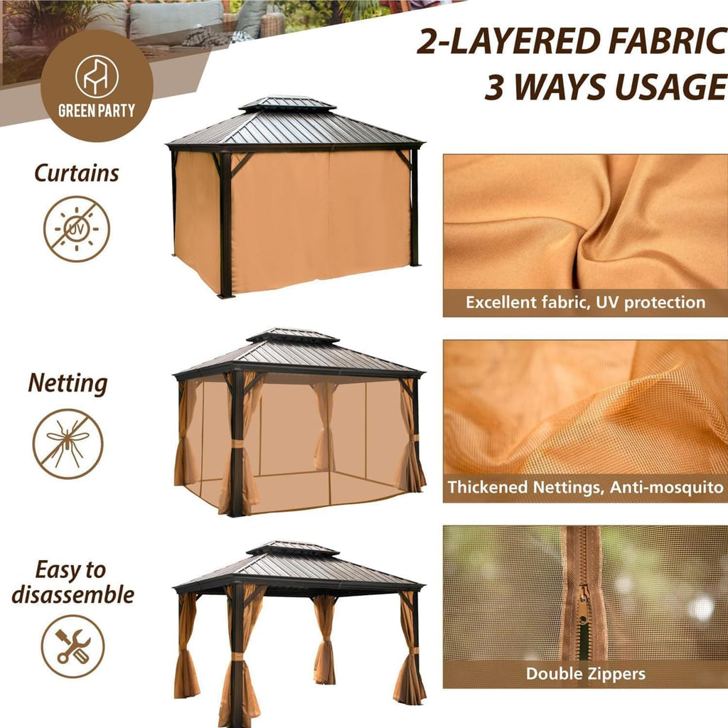 10 X 12ft Hardtop Gazebo with Nettings and Curtains, Heavy Duty Double Roof Galvanized Steel, Outdoor Aluminum Permanent Gazebos for Patios, Backyard, Deck, Garden, Lawns