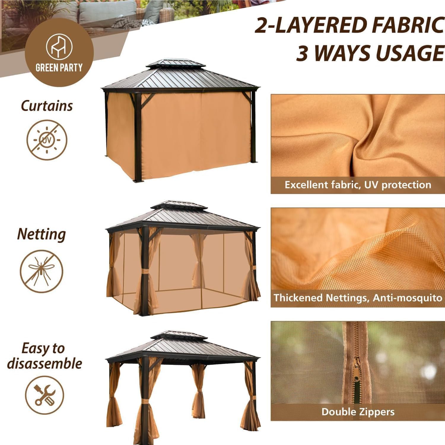 10 X 12ft Hardtop Gazebo with Nettings and Curtains, Heavy Duty Double Roof Galvanized Steel, Outdoor Aluminum Permanent Gazebos for Patios, Backyard, Deck, Garden, Lawns