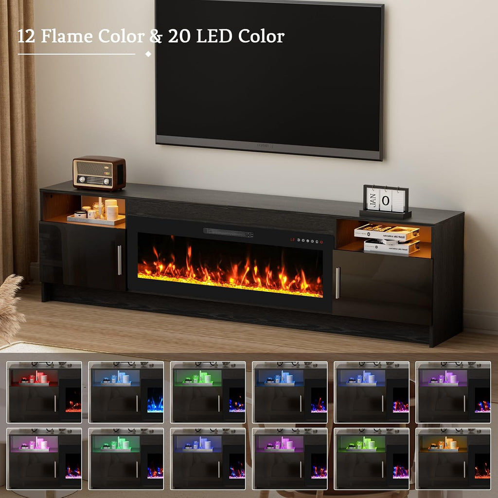 Kucreiheat Fireplace TV Stand for 70-90 inch TV, Large Entertainment Center with Fireplace & LED Lights,High Gloss Living Room Storage Cabinet, Black, 80''(Crystal)