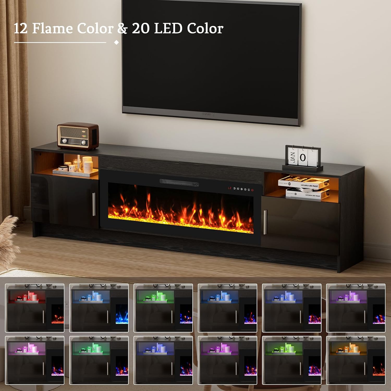 Kucreiheat Fireplace TV Stand for 70-90 inch TV, Large Entertainment Center with Fireplace & LED Lights,High Gloss Living Room Storage Cabinet, Black, 80''(Crystal)