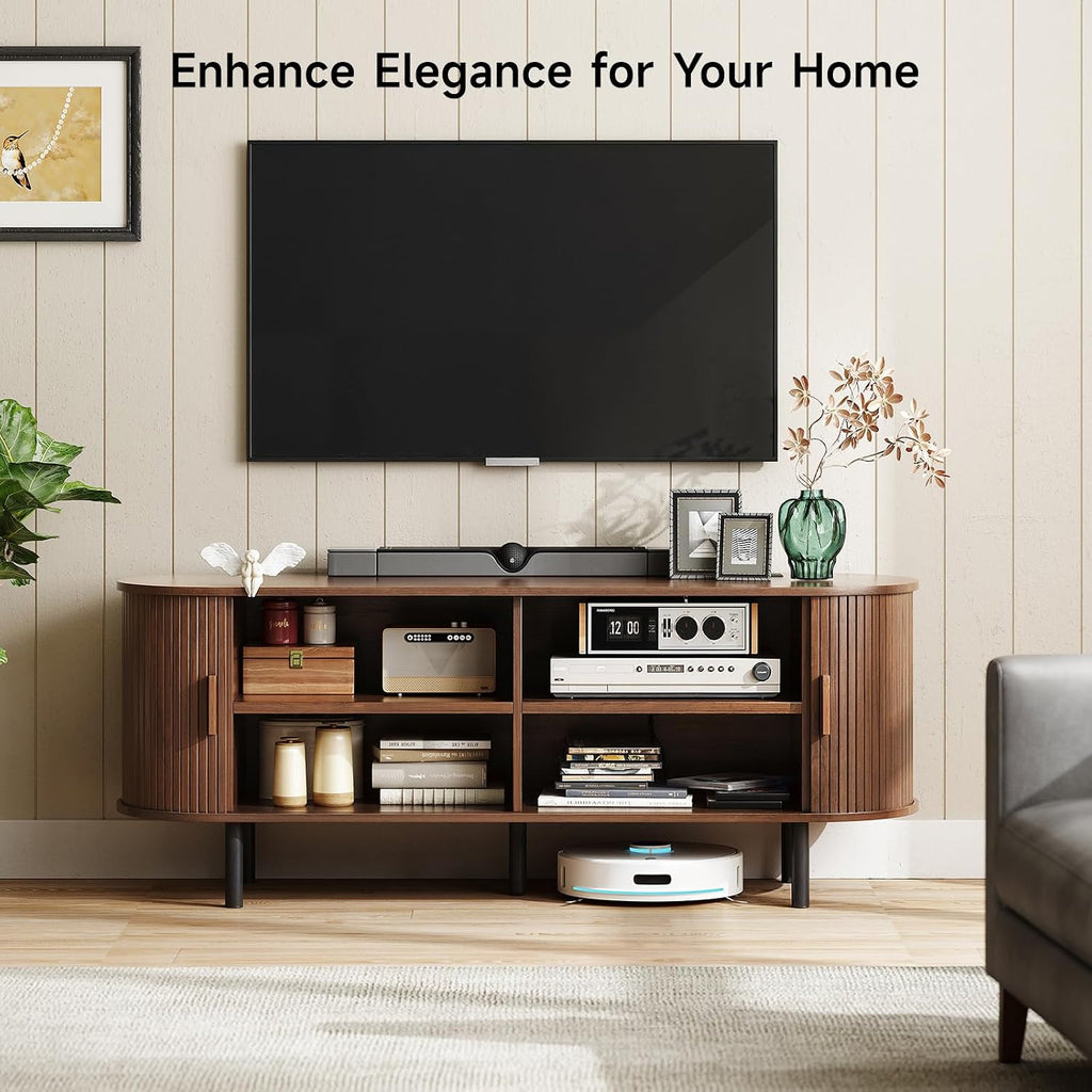 ONBRILL 55' TV Stand with Power Outlet for TVs up to 60 Inch, Entertainment Center with Storage and Adjustable Shelves, Modern Media Console with Sliding Doors for Living Room, Walnut