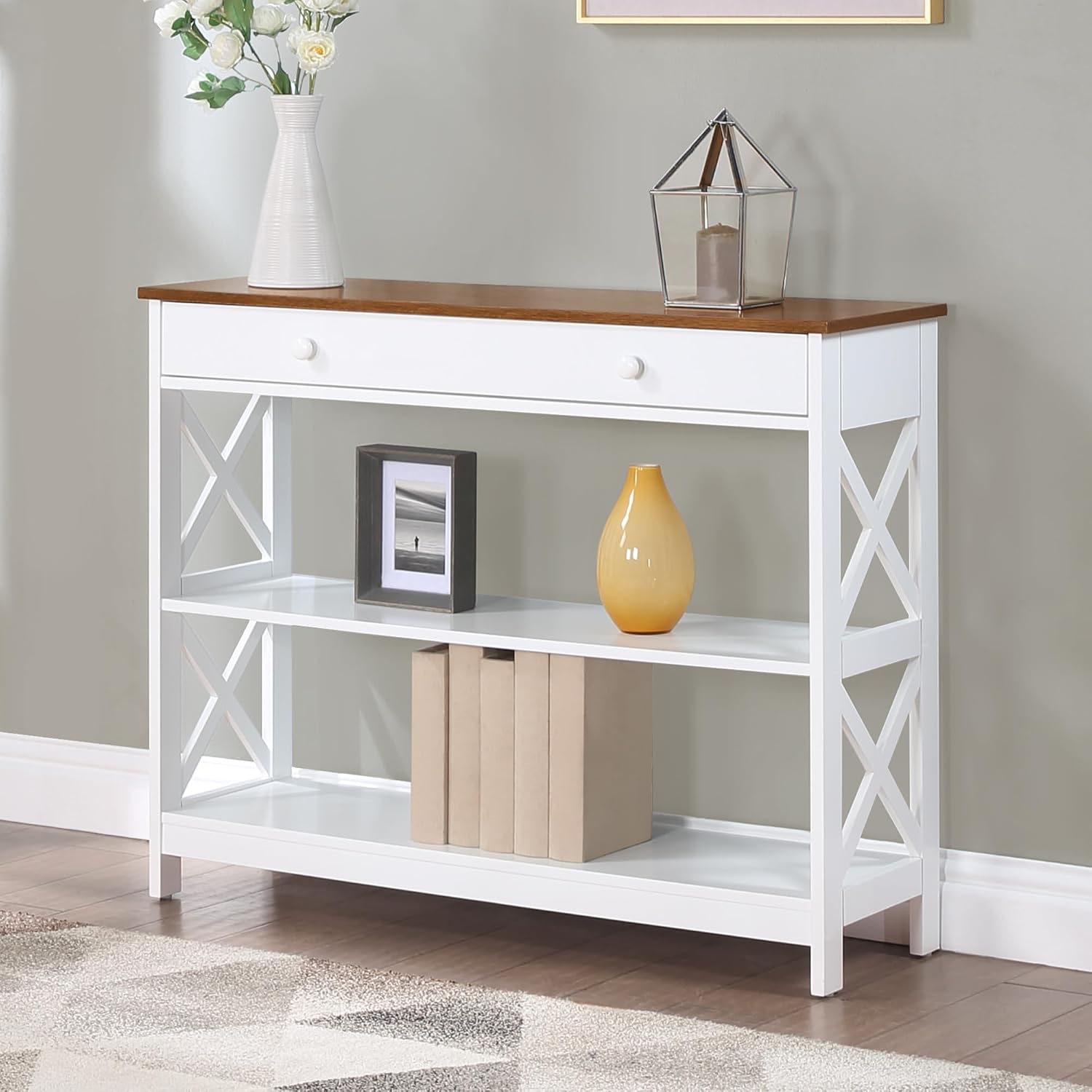 Convenience Concepts Oxford 1-Drawer Console Table 39.5' - Farmhouse Sofa Display with Storage Shelf For Living, Family, & Dining Room, Modern Entryway Hall Table for Kitchen, Bedroom, Driftwood/White