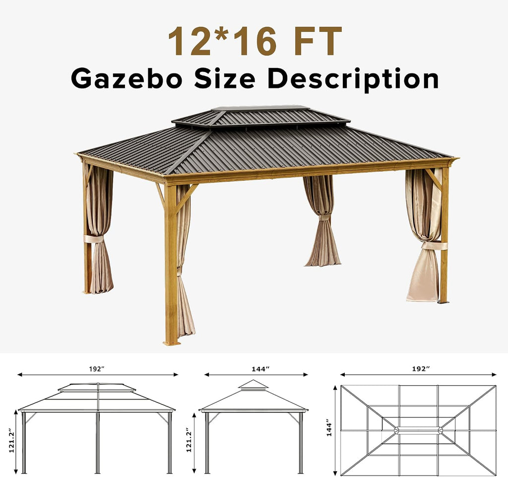 12x16ft Hardtop Gazebo, Wooden Finish Coated Aluminum Frame Canopy with Galvanized Steel Double Roof, Outdoor Permanent Metal Pavilion with Curtains & Netting for Garden, Brown (Wooden 12x16 Ft)