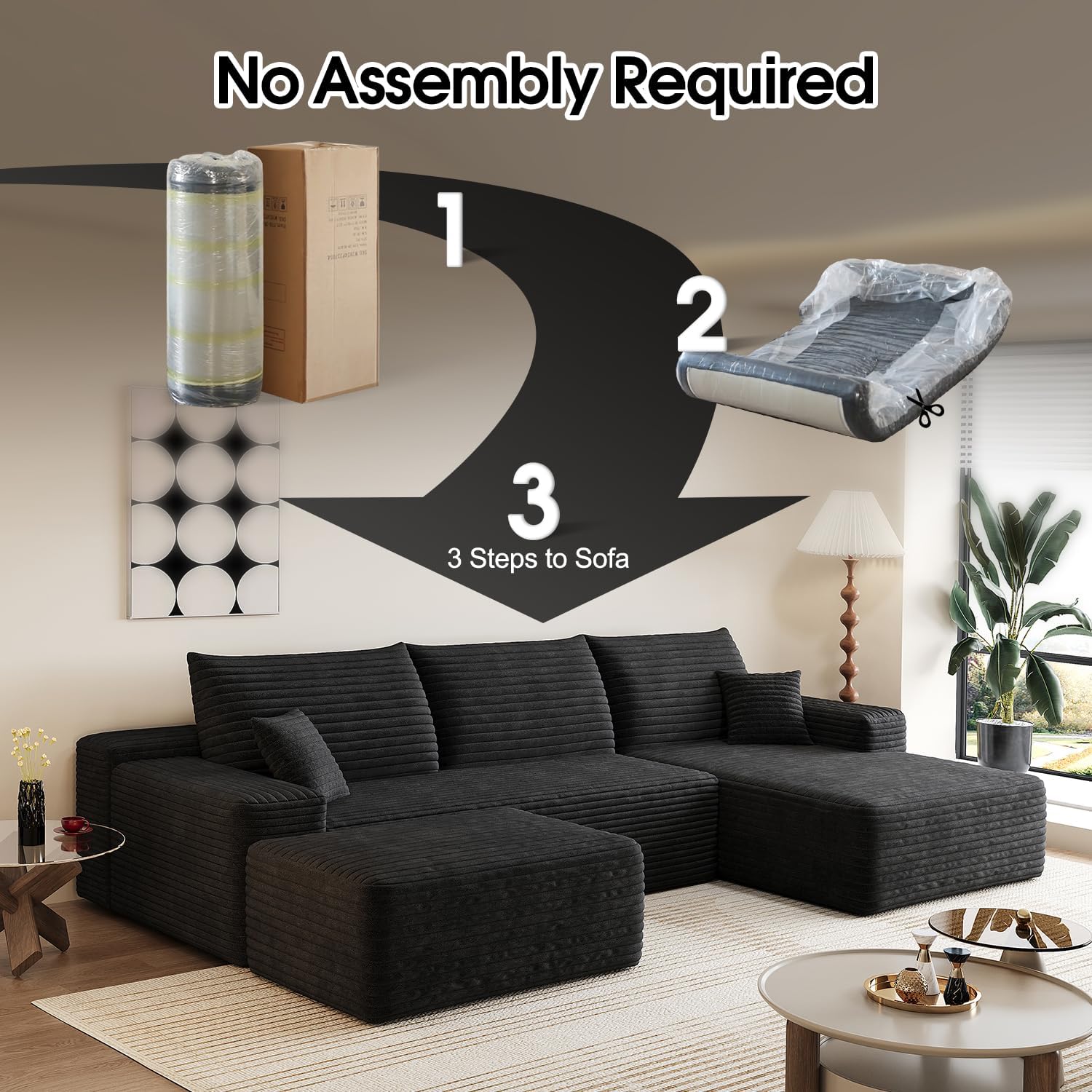 107.5' Comfy U-Shaped Sectional Modern Boneless Corduroy Couch with Chaise ‌and Ottoman‌ - No Assembly Required! Deep-Seat, Upholstered Modular Cloud Sofa for Living Room, Plush Corduroy Fabric(Black)