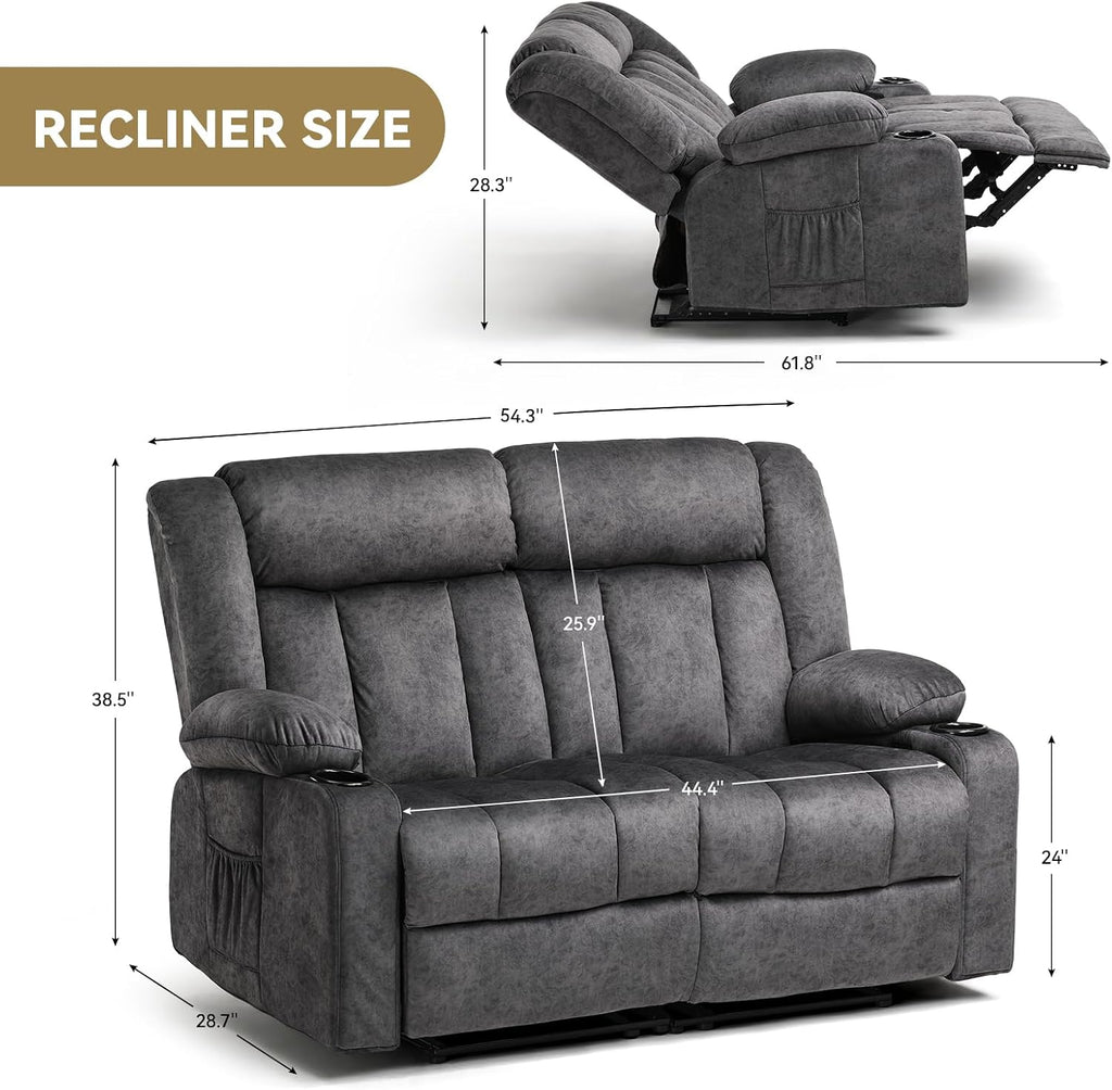 COMHOMA Manual Recliner Couch，Fabric Reclining Sofa Chair with Cup Holders, Upholstered ReclinerChair Set with Side Pockets Suitable for Living Room Furniture (2)