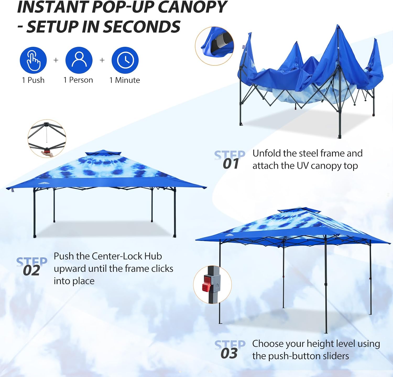 EAGLE PEAK 13x13 Straight Leg Pop Up Canopy Tent Instant Outdoor Canopy Easy Single Person Set up Folding Shelter w/Auto Extending Eaves 169 Square Feet of Shade (Tie Dye Blue)