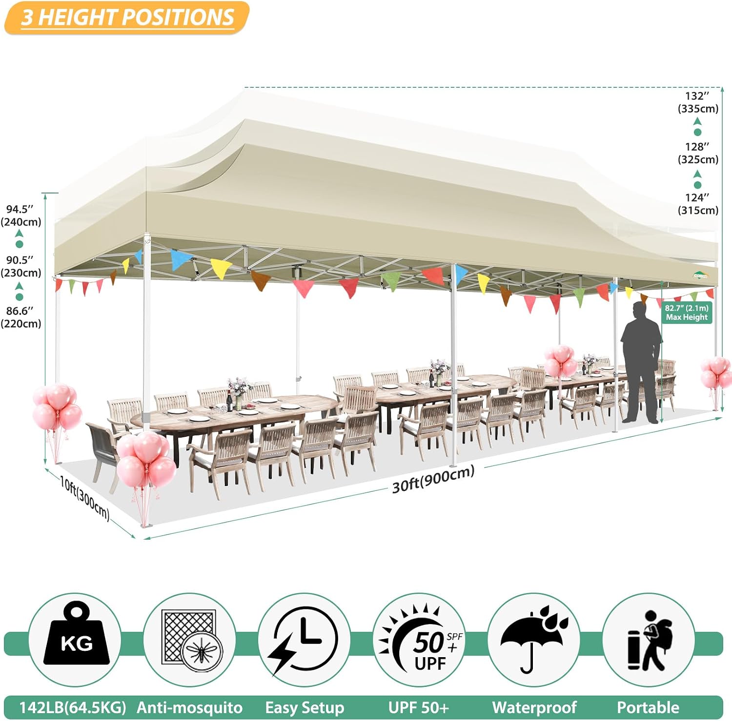 COBIZI 10x30 Pop Up Canopy with Sidewalls, Heavy Duty Canopy with Mosquito Netting, Easy up Screen Party Tents for Parties Backyard Outdoor Commercial Event Gazebo with Roller Bag, Sandbags, Khaki