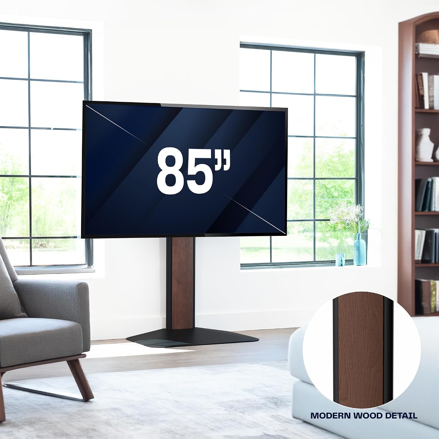 VIVO Dual-Column TV Floor Stand for 32' to 85' Screens with Heavy Duty Base, Tilting Mount with 5 Set Height Adjustments, Black and Dark Walnut, STAND-TV85JS