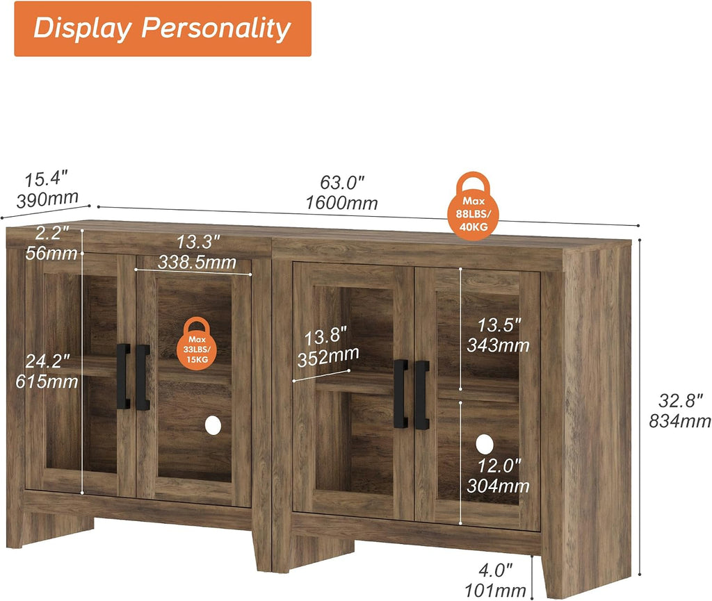 WAMPAT Farmhouse TV Stand for TVs up to 65', Rustic Wood Entertainment Center with Adjustable Shelf, Glass Doors & Storage, Media Console Cabinet for Living-Room, Bedroom, Brown