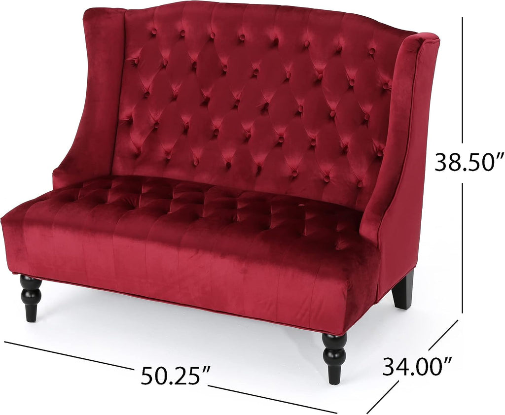 Modern Tufted Velvet Wingback Loveseat, Tufted Velvet 2 Seat Couch Sofas with High Back Thick Padded Cushioned Seats for Living Room, Victorian Style, Wine red