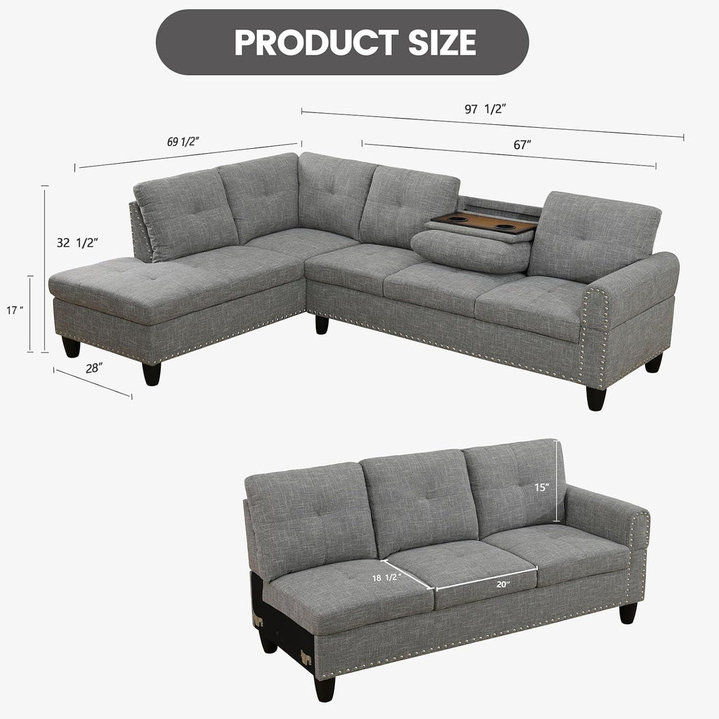 Modular L-Shaped Sectional Sofa, Modern Couches with Movable Chaise, Convertible 4-Seater Couch for Bedroom, Apartment & Office, Brown Grey