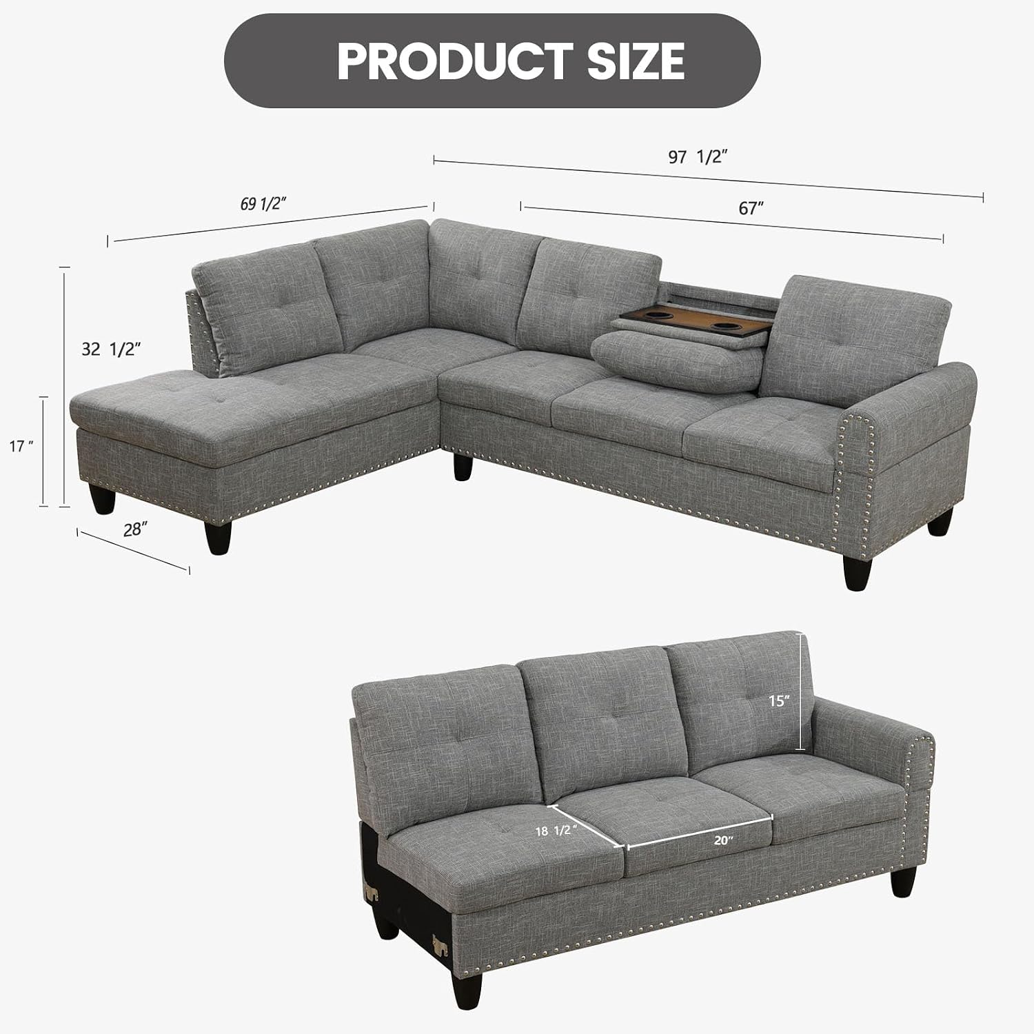 Modular L-Shaped Sectional Sofa, Modern Couches with Movable Chaise, Convertible 4-Seater Couch for Bedroom, Apartment & Office, Brown Grey