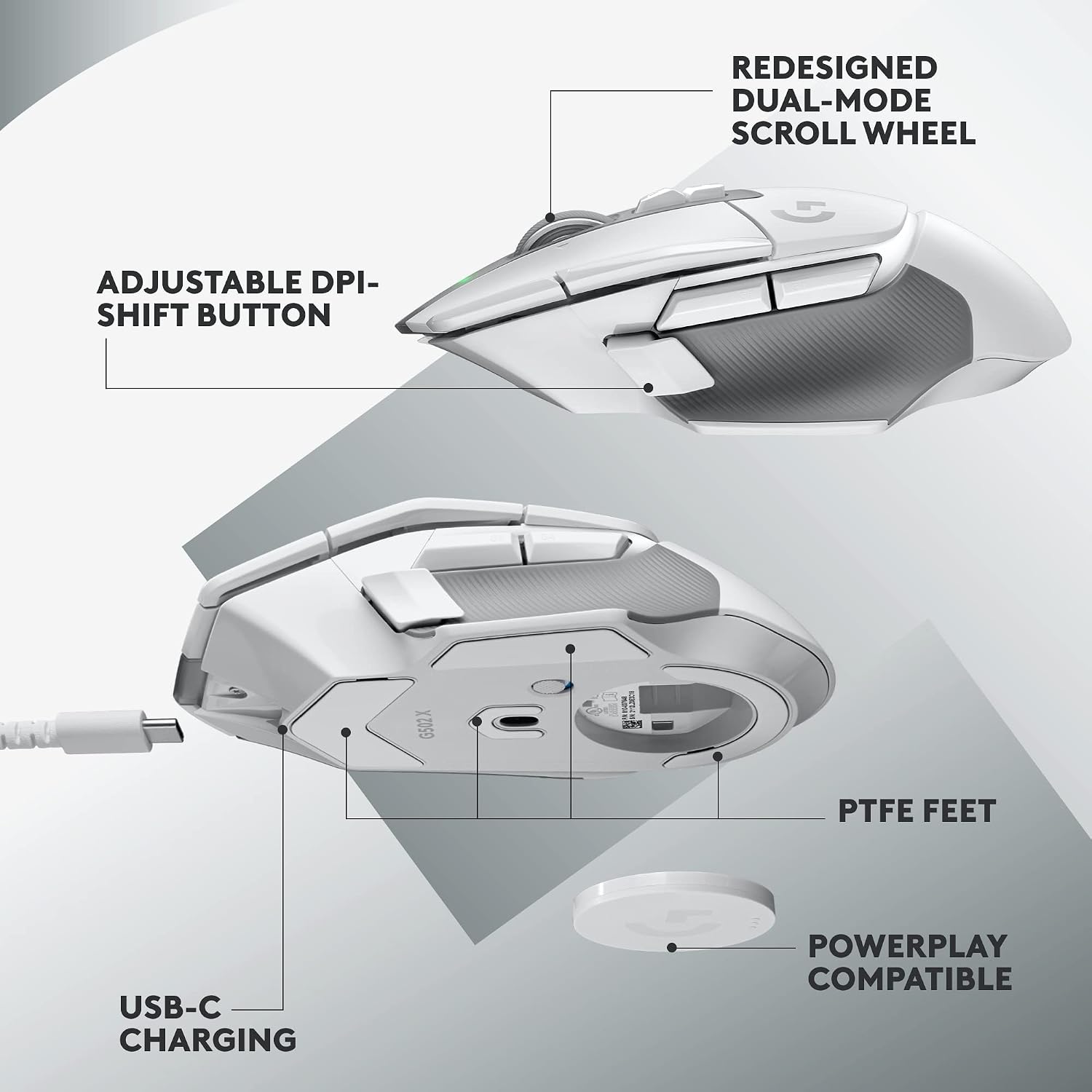 Logitech G502 X Lightspeed Wireless Gaming Mouse, White | Hero Sensor, 25,600 DPI, 13 Programmable Buttons, LIGHTFORCE Switches, Onboard Memory, PC/Mac | with Signature Series Charging Dock