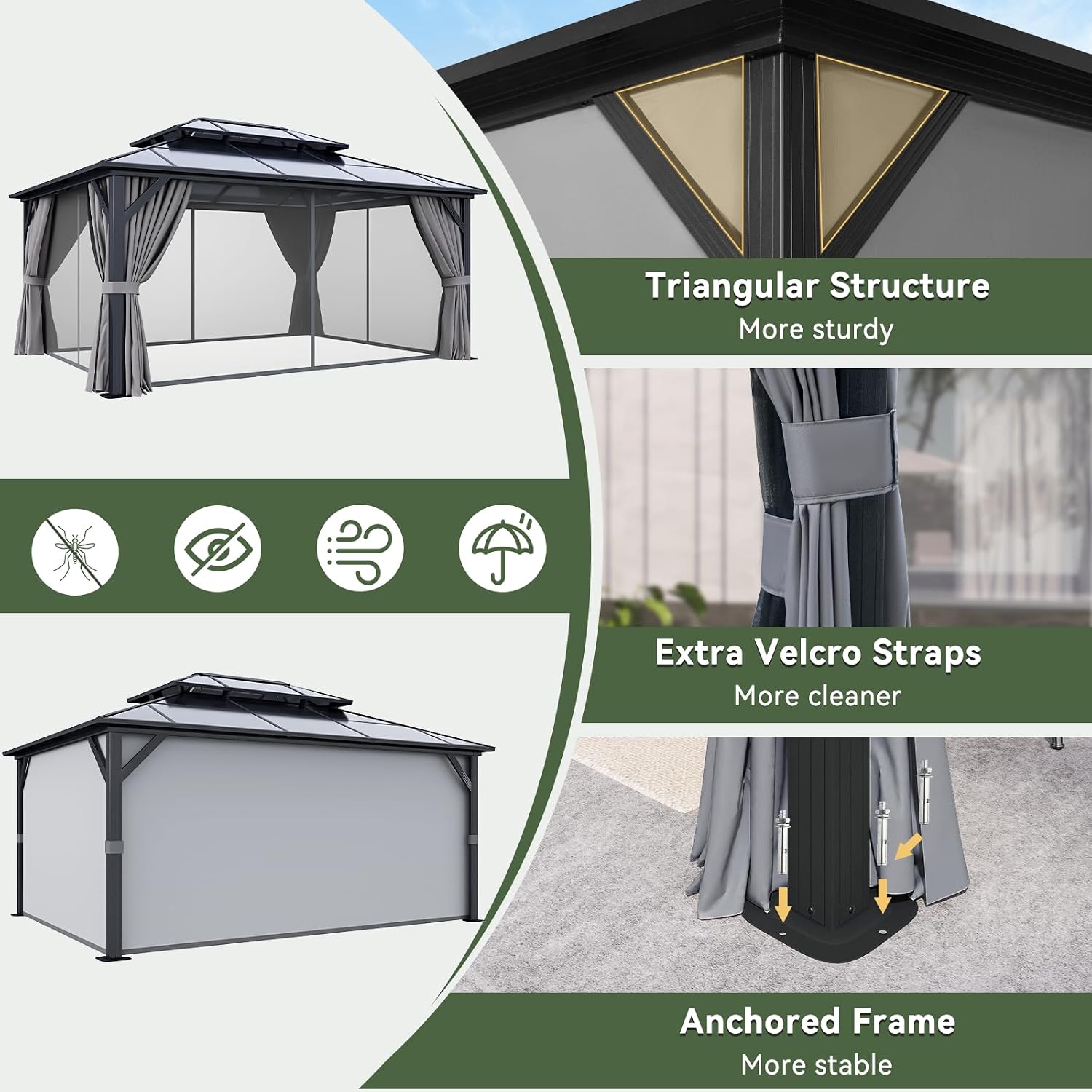 Aoxun 12x16FT Hardtop Gazebo, Aluminum Frame Permanent Pavilion with Curtains and Netting, Outdoor Polycarbonate Double Roof Canopy, Designed for Garden, Lawns, Patio