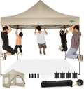 COBIZI 10x10 Pop Up Canopy Tent with 4 sidewalls Commercial Heavy Duty Canopy UPF 50+ All Weather Waterproof Outdoor Canopy Wedding Tents for Parties Gazebo with Roller Bag, Khaki (Windproof Upgraded)
