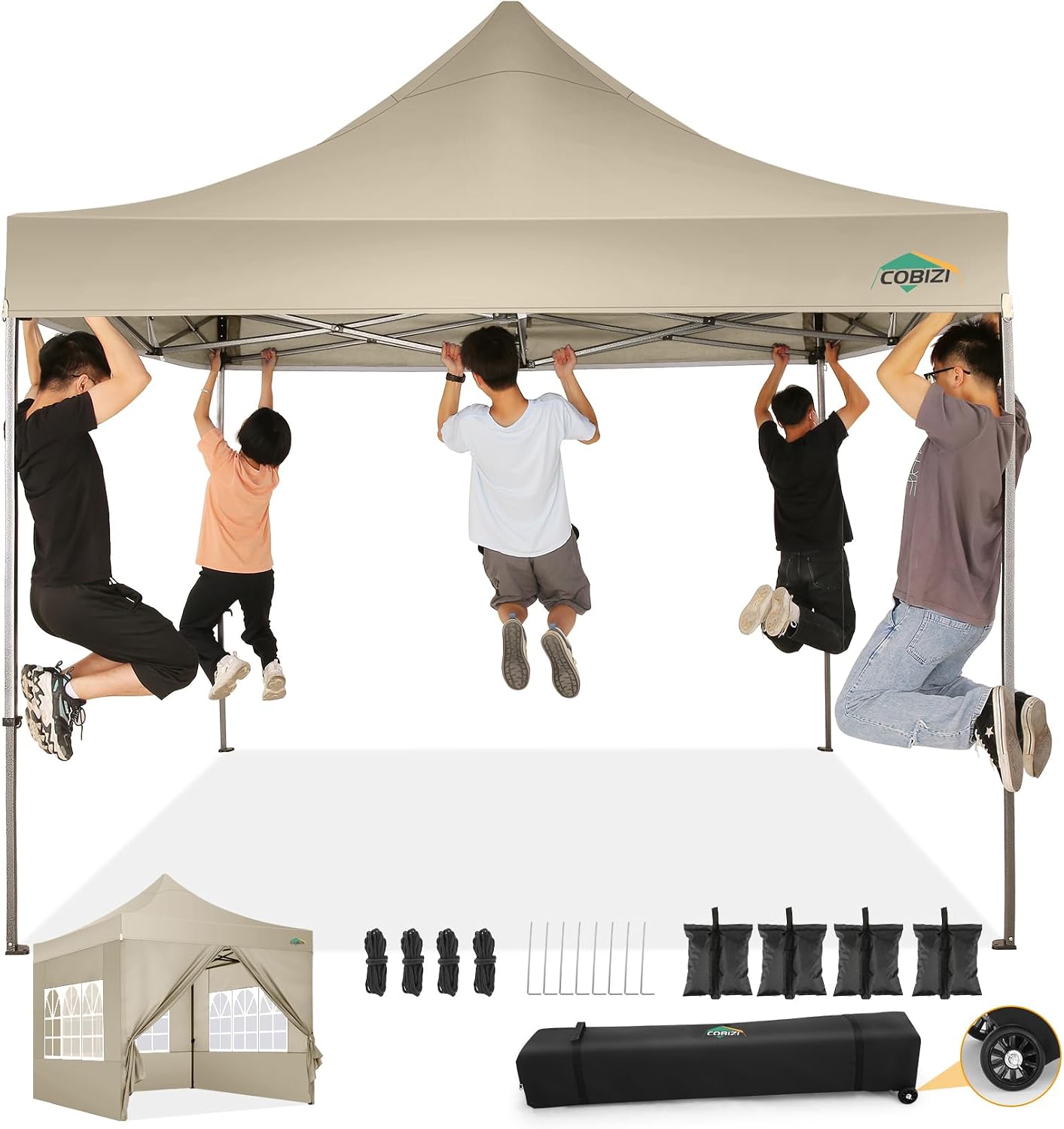 COBIZI 10x10 Pop Up Canopy Tent with 4 sidewalls Commercial Heavy Duty Canopy UPF 50+ All Weather Waterproof Outdoor Canopy Wedding Tents for Parties Gazebo with Roller Bag, Khaki (Windproof Upgraded)