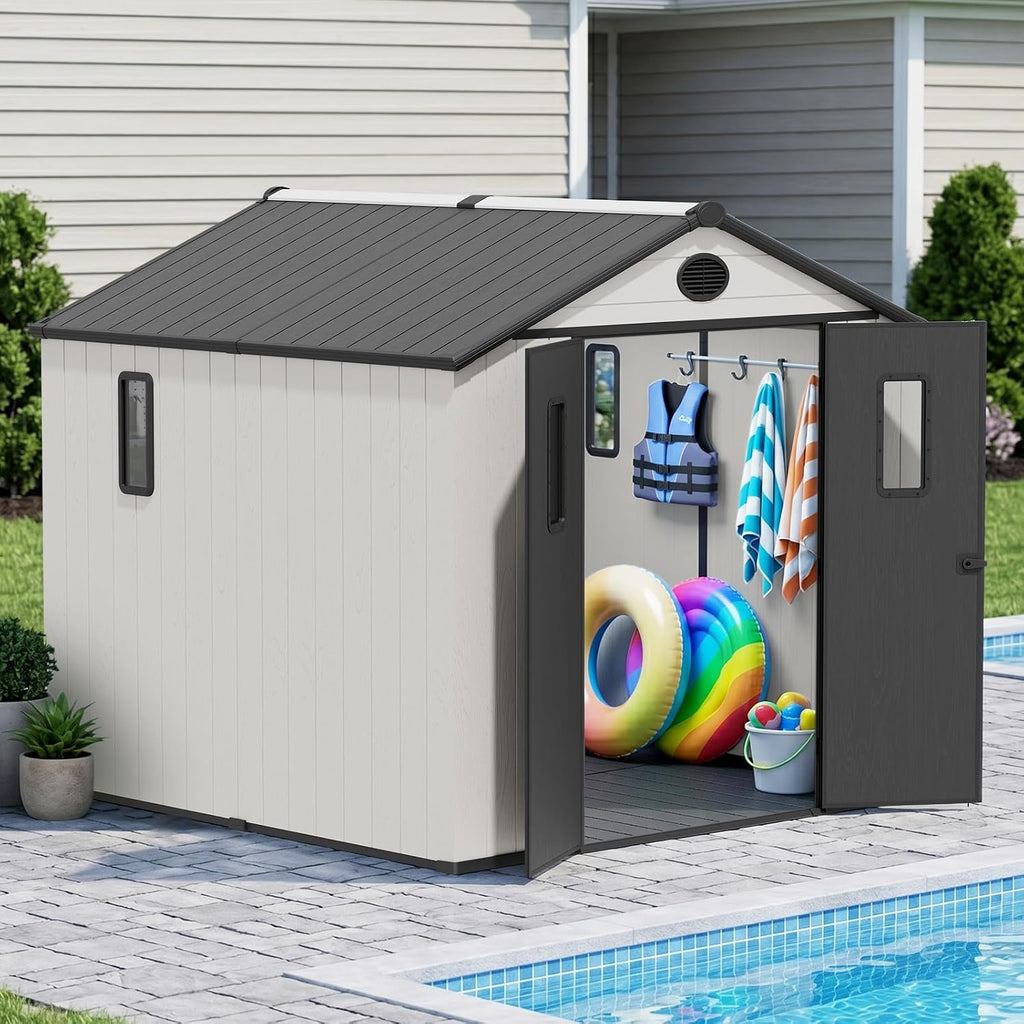 COOS BAY 8x8 Outdoor Storage Shed with Floor, Lockable Doors, All-Weather Resin Garden Tool Shed, White/Gray
