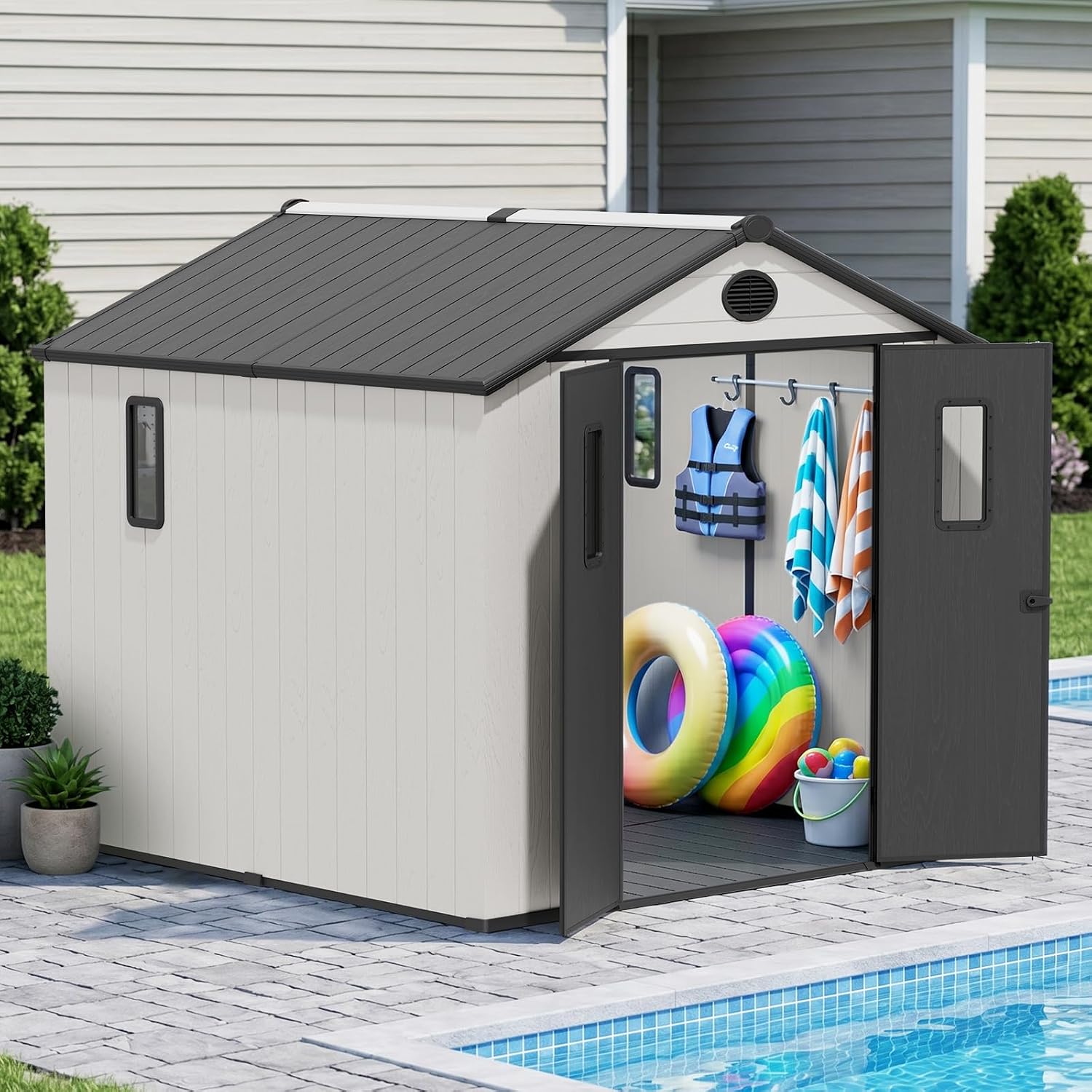 COOS BAY 8x8 Outdoor Storage Shed with Floor, Lockable Doors, All-Weather Resin Garden Tool Shed, White/Gray