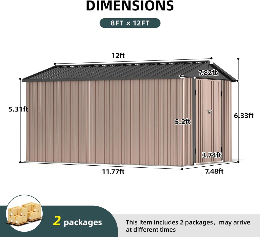 8x12ft Brown Metal Tool Shed with Double Lockable Doors, Ventilated Roof, Spacious Outdoor Storage for Tools, Bikes, and Garden Equipment