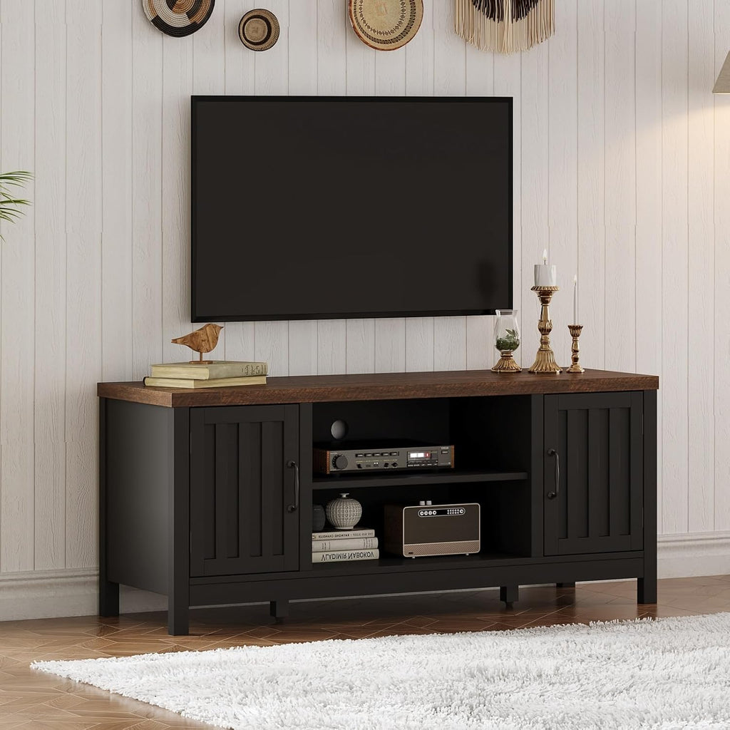 ChooChoo Farmhouse TV Stand for Televisions up to 55 inches, Entertainment Center Console Table Media Furniture with Storage Cabinets and Open Shelves, Fluted Door, for Living Room Bedroom, Black