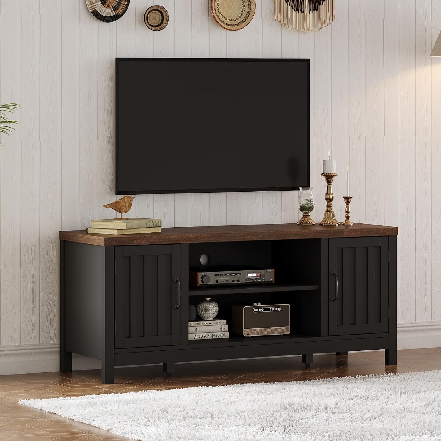 ChooChoo Farmhouse TV Stand for Televisions up to 55 inches, Entertainment Center Console Table Media Furniture with Storage Cabinets and Open Shelves, Fluted Door, for Living Room Bedroom, Black