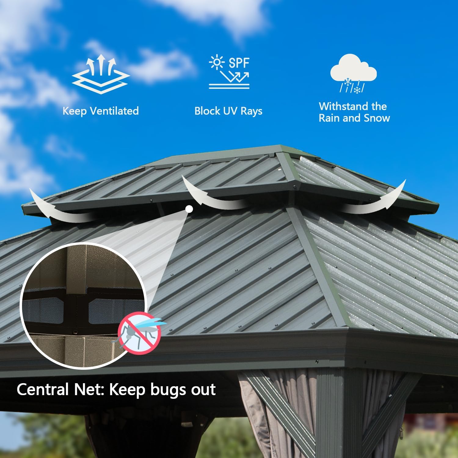 Domi Hardtop Gazebo 10x12FT, Outdoor Gazebo with Galvanized Steel Double Roof, Aluminum Frame, Built-in Gutter System, Curtain and Netting, Metal Gazebo Pavilion for Patio Deck Garden, Grey