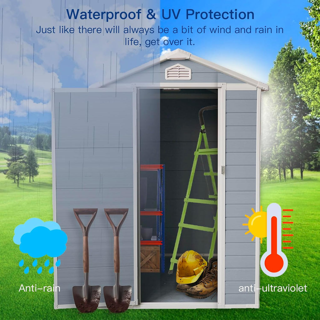 4x6 ft Outdoor Resin Storage Shed with Floor, Waterproof Plastic Garden Shed with Lockable Door and Windows, All-Weather Tool Sheds for Backyard, Patio, Lawn (Grey)