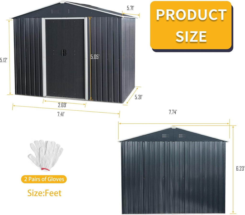 8X6 ft Outdoor Metal Storage Shed with Floor Floor, Lockable Galvanized Steel Tool Shed with Sliding Door and Air Vent, Waterproof Garden Storage House for Backyard, Patio