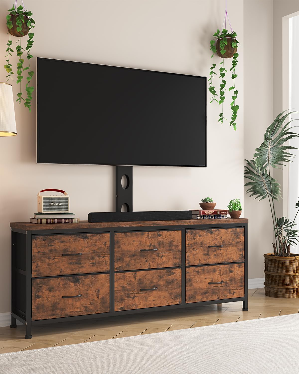 TV Stand with Mount, Fabric Dresser with 6 Drawers for 32/45/55/60/65/75 inch TVs, Dresser Entertainment Center, Modern Media TV Console Table