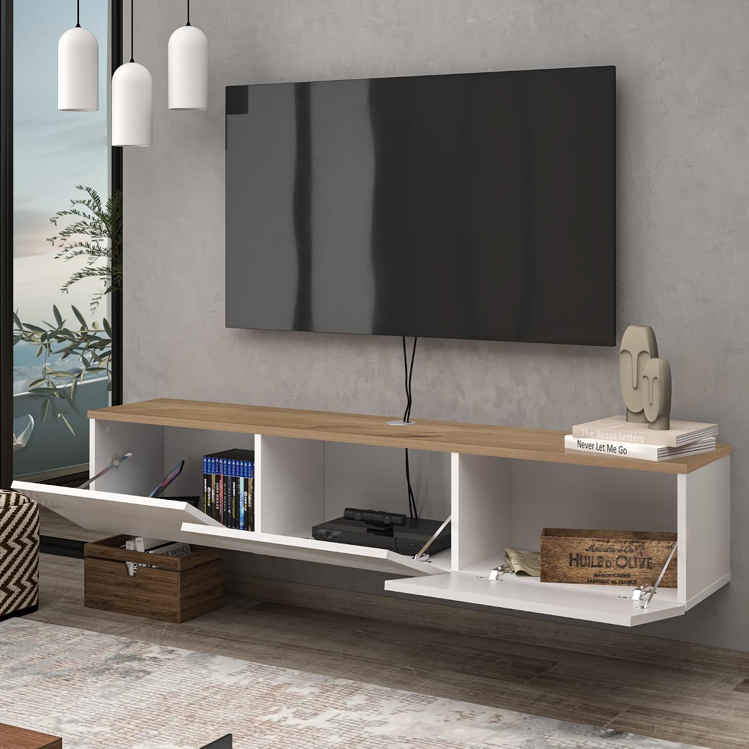 Atelier Mobili Floating TV Stand - Wall Mounted, Supports up to 80 inch TV, Modern White Entertainment Center for Living Room, White Floating TV Stand with Oak Counter Design