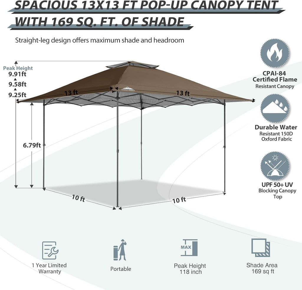 EAGLE PEAK 13x13 Straight Leg Pop Up Canopy Tent Instant Outdoor Canopy Easy Single Person Set up Folding Shelter w/Auto Extending Eaves 169 Square Feet of Shade (Brown)
