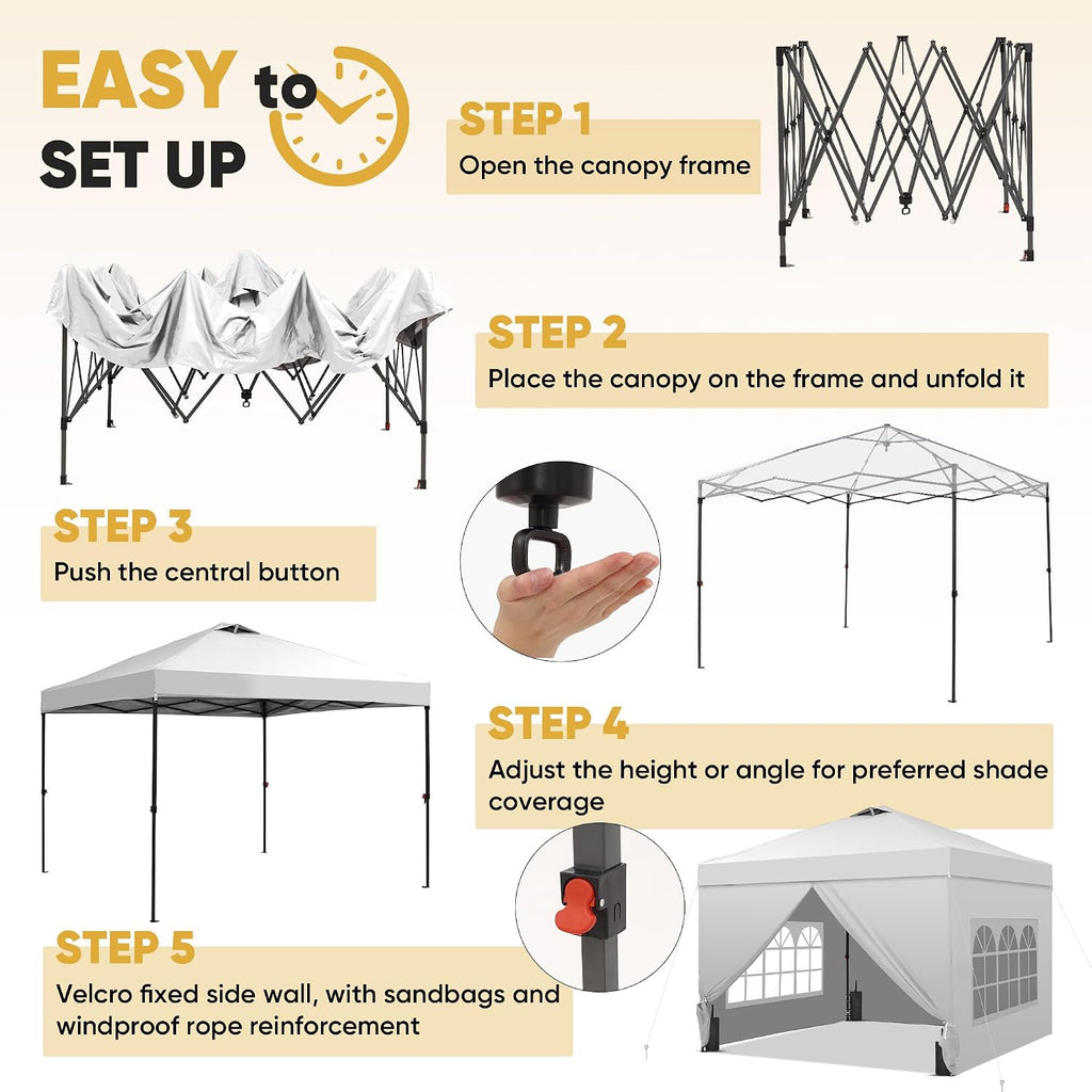 GDY 12x12 Pop Up Canopy Tent with 4 Sidewalls, Easy Set up with One Push Lift Gazebo with Wheel Bag and4 Sandbags,Carpas for Events, Parties,Camping, White.