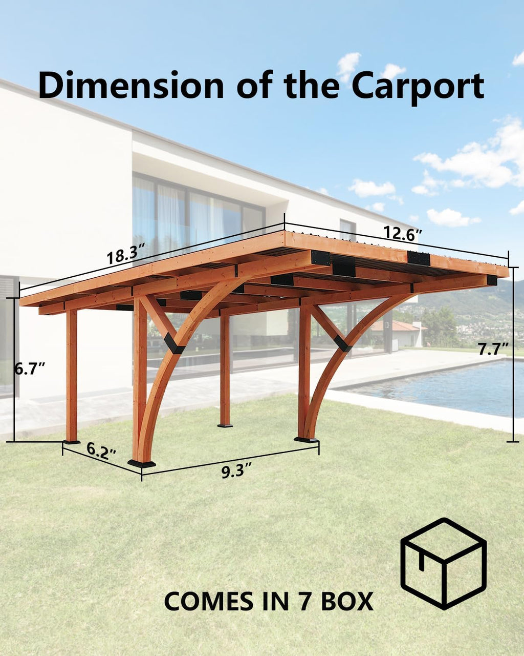 18.3 x 12.6 x 7.7 FT Curved Carport, Wood Outdoor Gazebo Pavilion with Hardtop Sloped Steel Roof, Heavy Duty Waterproof Car Port for Backyard, Patio, Deck and Lawn