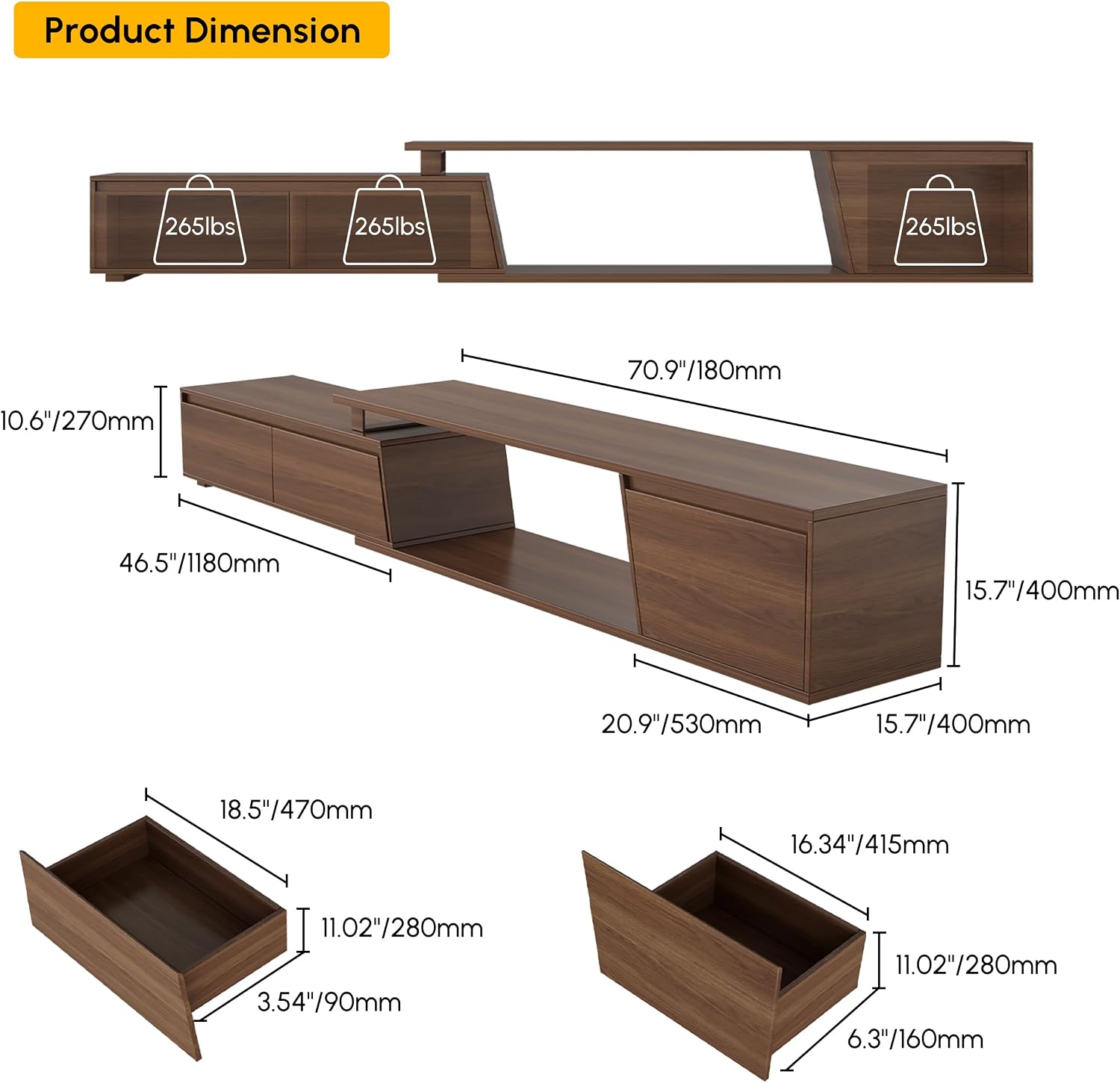 homary Mid Century Walnut TV Stand & Coffee Table Set, Extendable TV Console for 120' TV with Storage Drawers, Modern Engineered Wood Living Room Furniture